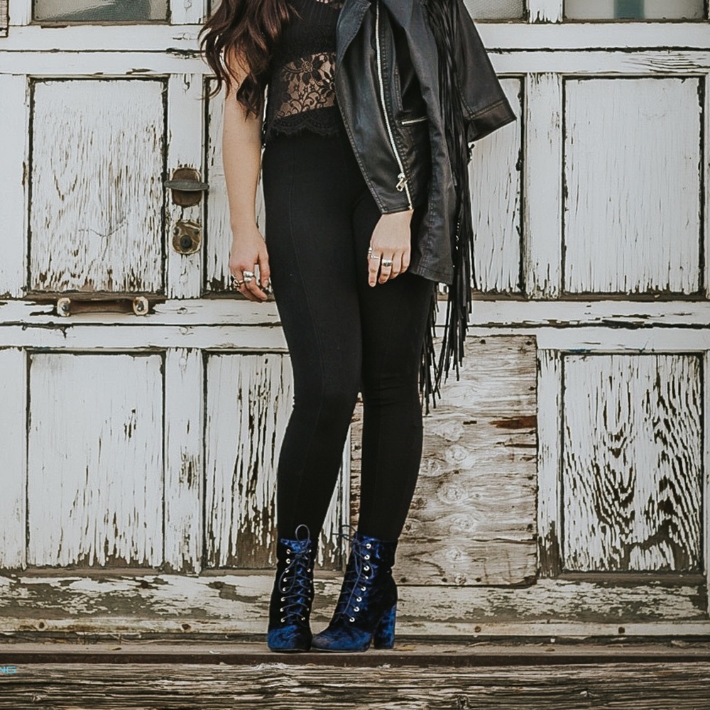 Navy Blue Lace Up Velvet Heeled Booties